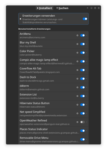 Gnome Extension Manager mit der Übersicht der installierten Erweiterungen und Such-Funktion. Erweiterungen können mit einem Klick installiert werden. (Screenshot: Philipp Last)